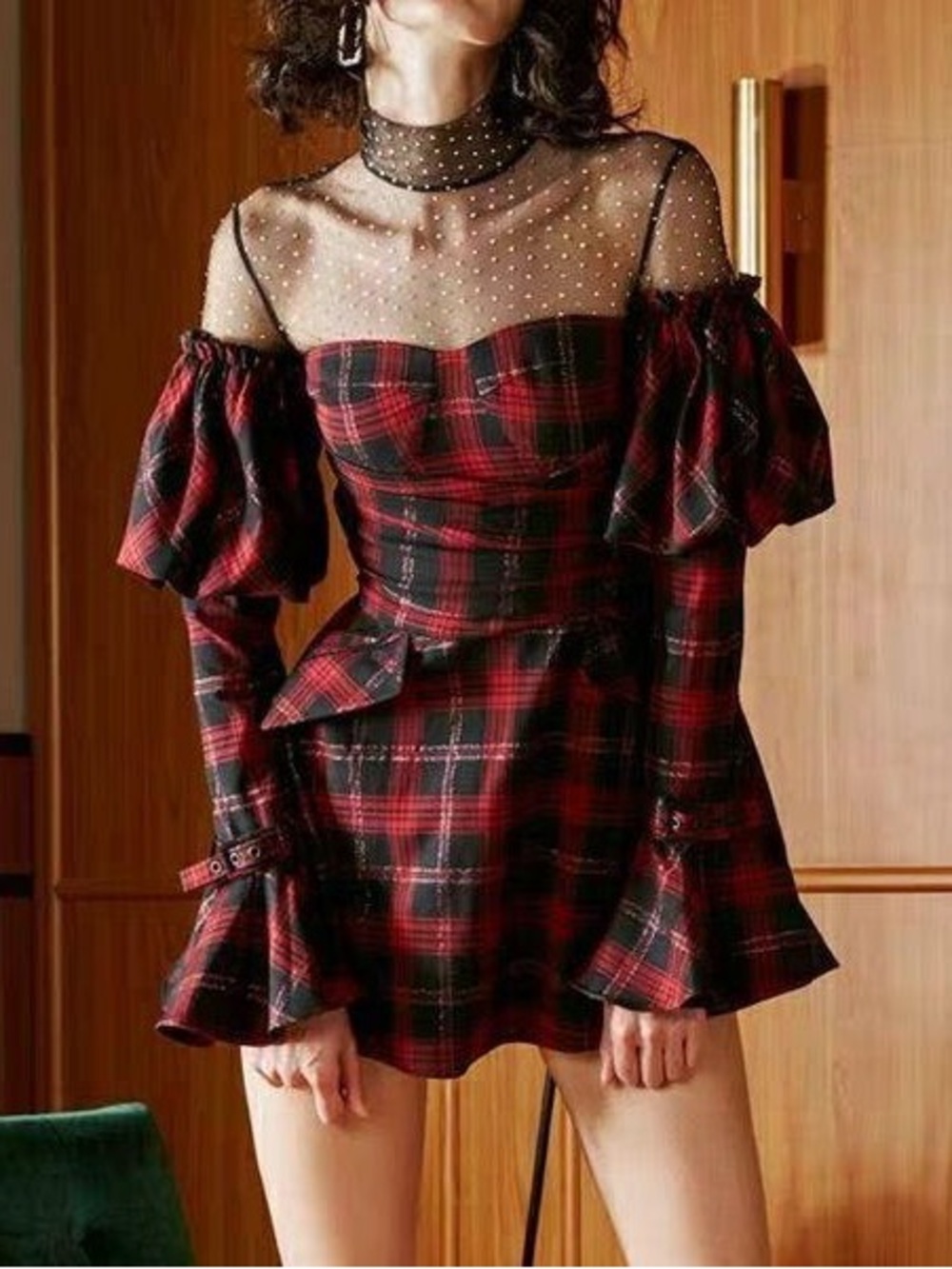 ViVI Red and Black Plaid Mini Dress with Sheer Yoke Goth retro funky sz S